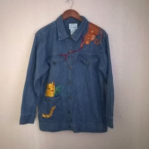 Quacker Factory M Wild Animal Denim Jungle Zoo Embroidered Casual Jacket